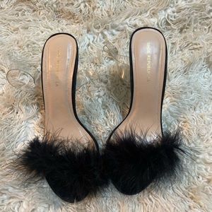 Black Fluffy Strapped Heeled Sandals